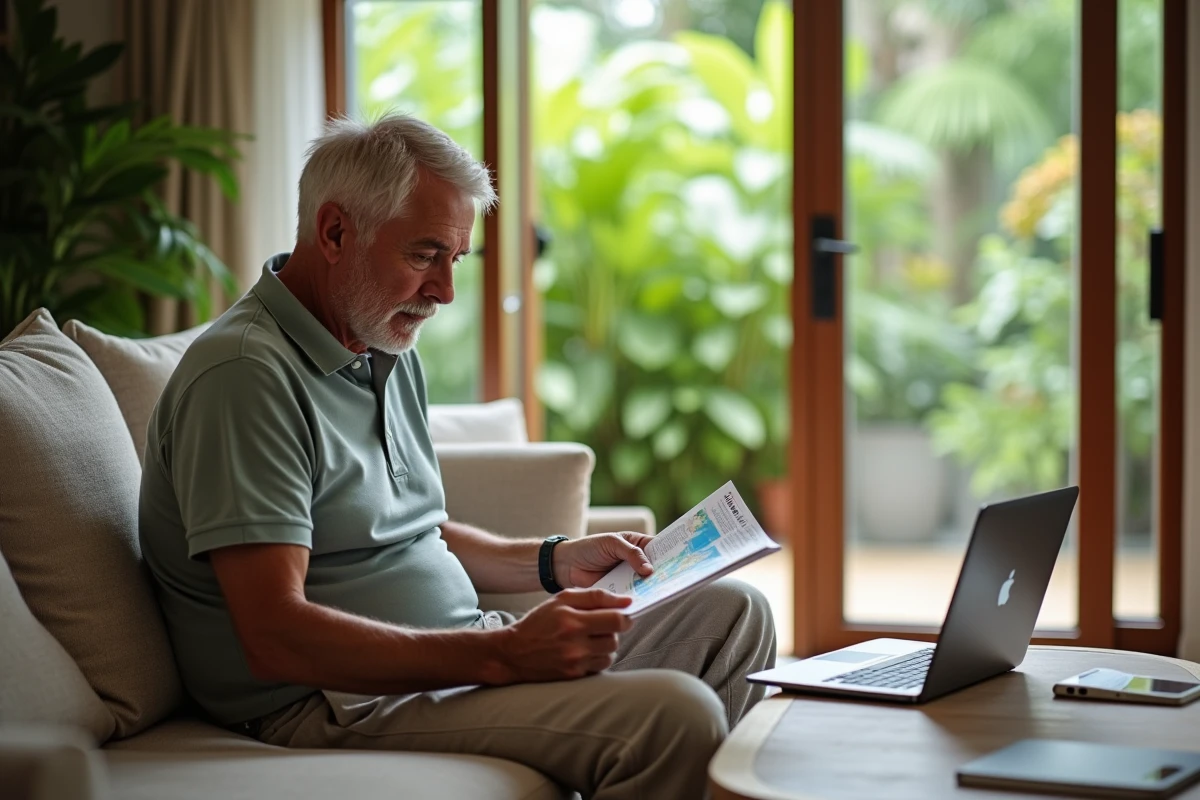 Homme mature planifiant son voyage dans un salon intérieur