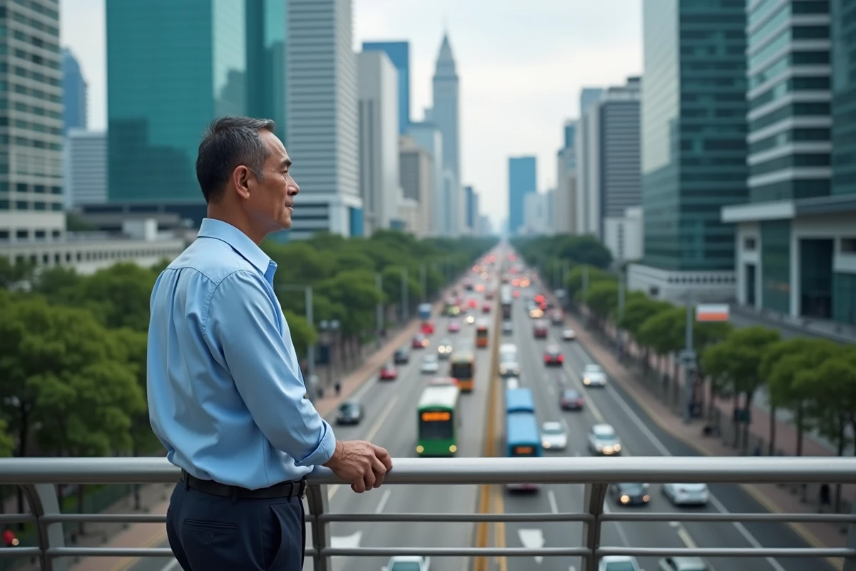 Homme malaisien sur un pont au-dessus de Kuala Lumpur
