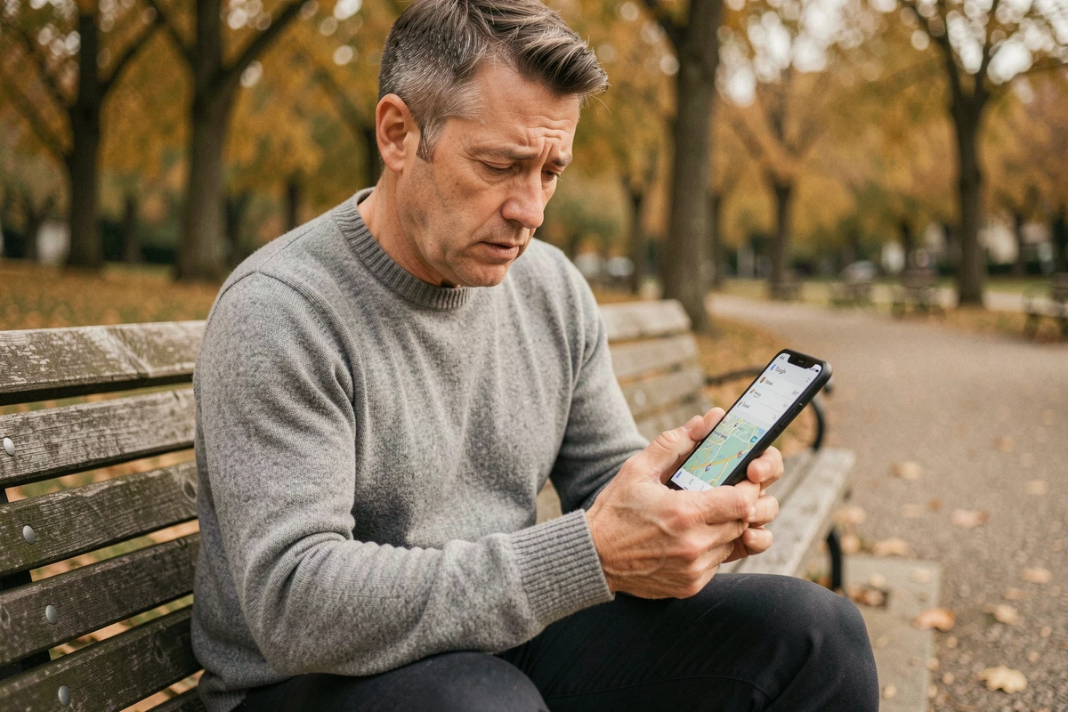 Homme ajustant les paramètres de batterie dans l'application Google Maps sur un banc de parc en automne