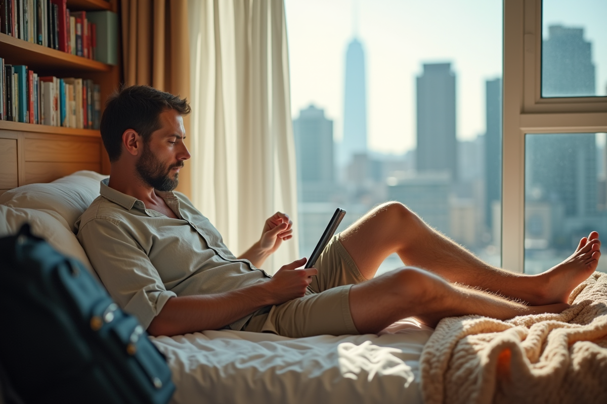 Homme détendu sur son lit avec vue sur la ville