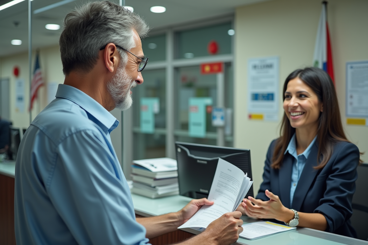 Homme remettant des papiers à un agent à la mairie