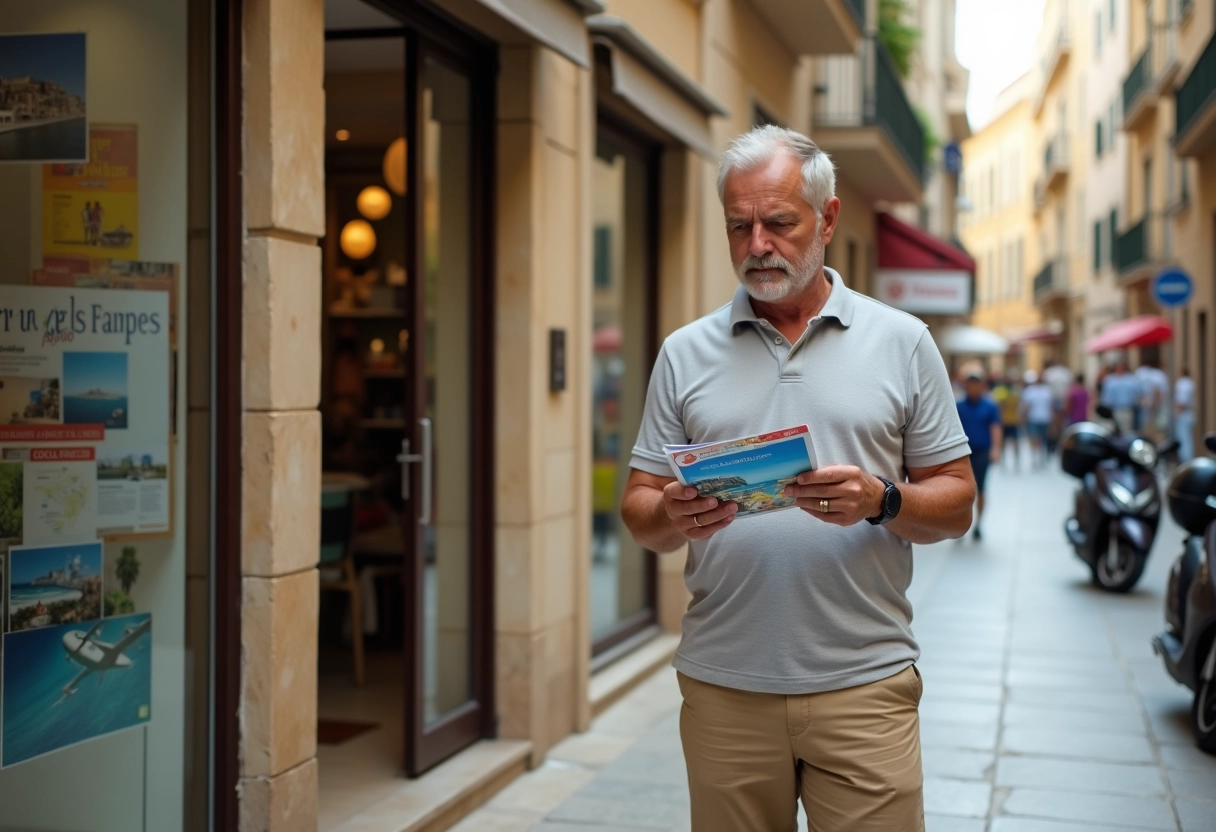 Homme regardant une brochure de voyage devant une agence à St Julian