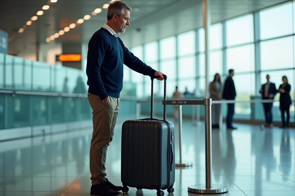 Homme vérifiant les dimensions de sa valise cabine dans un gabarit de contrôle à l'aéroport