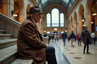 Homme âgé dans un manteau en laine marron dans une gare historique