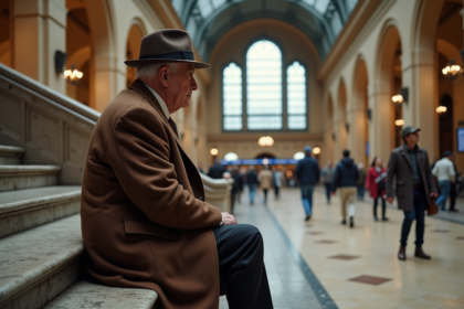 Homme âgé dans un manteau en laine marron dans une gare historique