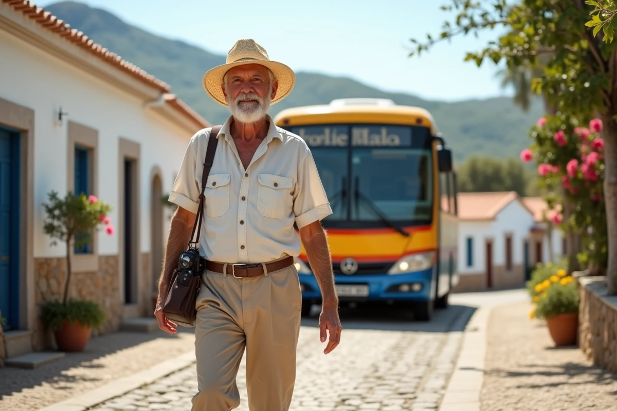 Homme âgé sortant du bus dans un village de Madère