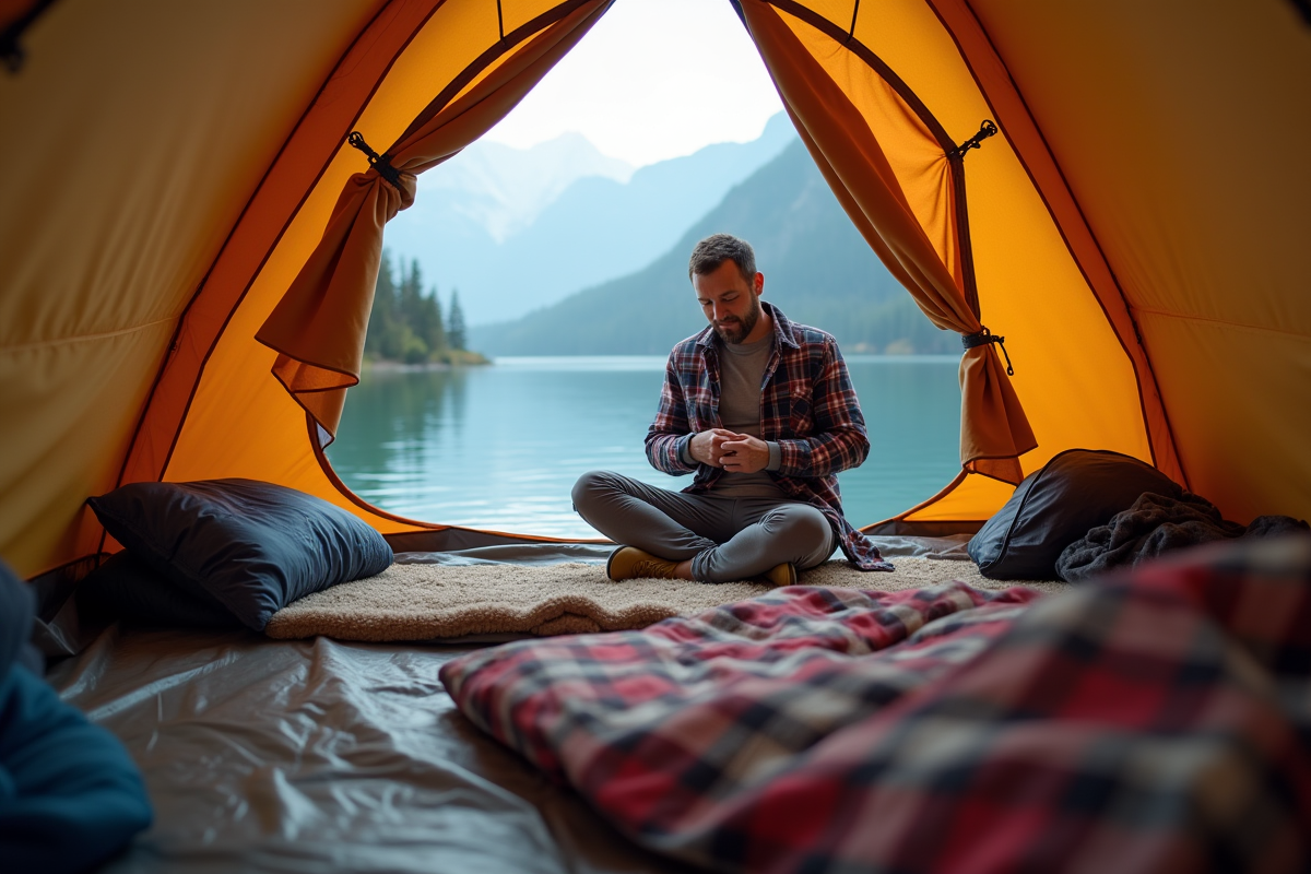 Homme en plein camping zippant son sac de couchage