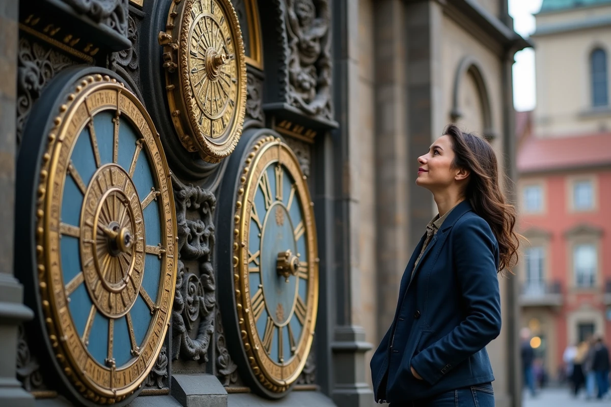 Touriste observant l'horloge astronomique médiévale d'orloj sur l'hôtel de ville de la Vieille-Ville de Prague