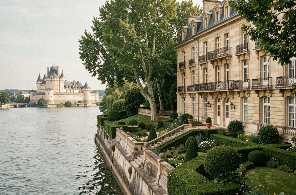 Façade de l'Hôtel Anne d'Anjou à Saumur avec vue sur la Loire et le château depuis le jardin classique
