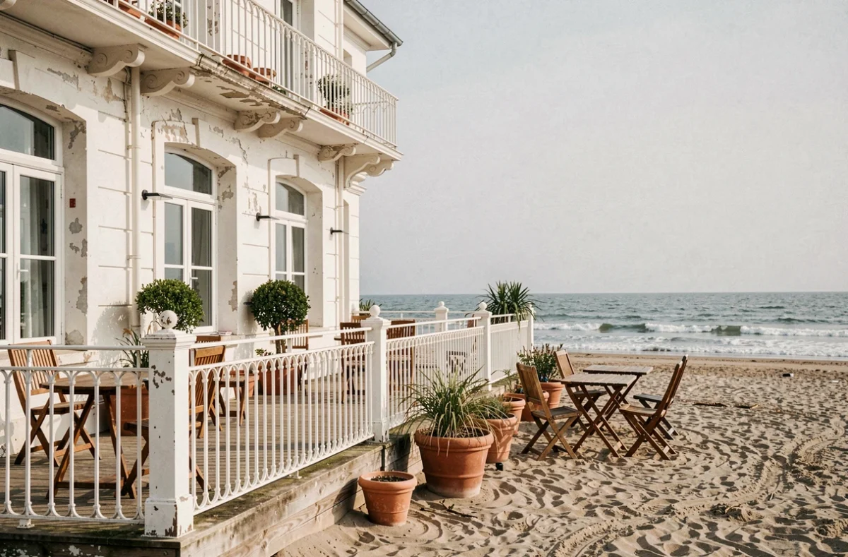Façade de l'hôtel La Plage à Dunkerque avec terrasse directement sur la plage de sable
