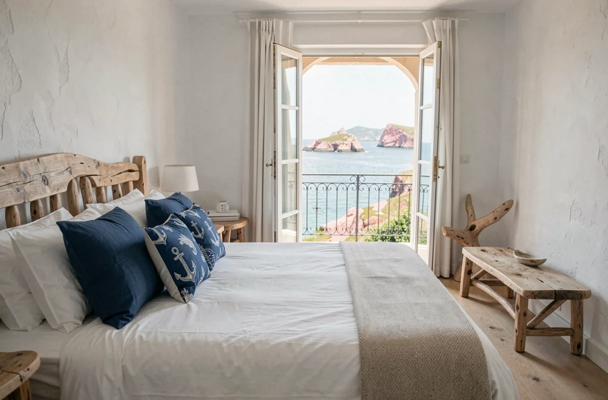 Chambre vue mer de l'Hôtel Les Costans à Perros-Guirec avec linge blanc, mobilier en bois flotté et panorama sur les Sept-Îles