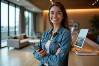 Jeune femme souriante dans un lobby d hotel moderne à Libourne