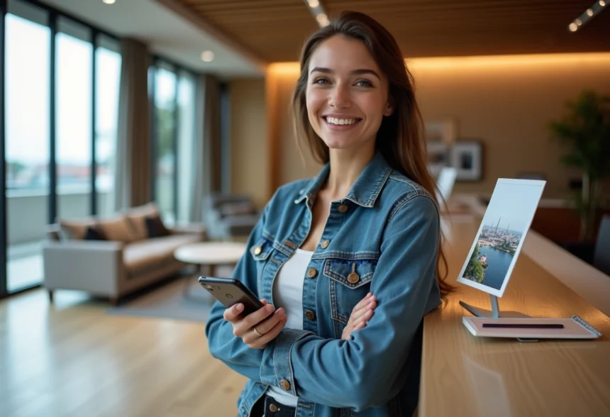 Jeune femme souriante dans un lobby d hotel moderne à Libourne
