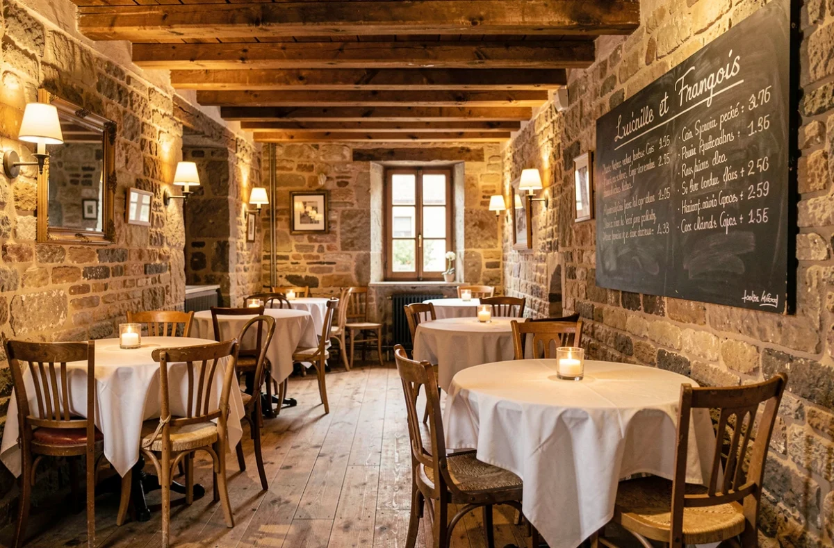 Salle à manger chaleureuse et intime de l'hôtel Lucile et François à Dunkerque avec décor rustique en pierre