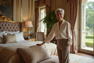 Femme élégante dans une suite de palace hôtel luxe