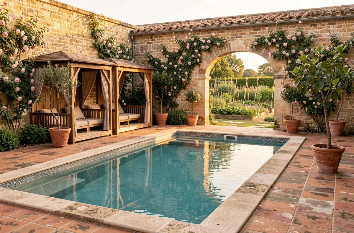 Piscine du Domaine des Thômeaux à Mosnes dans un jardin clos de murs en pierre avec cabanes spa et roses grimpantes