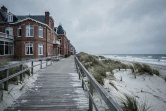 Vue panoramique d'un hôtel en bord de mer dans le Nord de la France avec architecture flamande et plage de la Mer du Nord