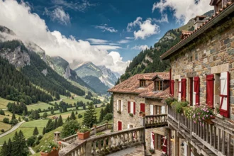 Vue panoramique d'un hôtel traditionnel basque niché dans les montagnes des Pyrénées-Atlantiques