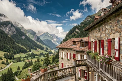 Vue panoramique d'un hôtel traditionnel basque niché dans les montagnes des Pyrénées-Atlantiques