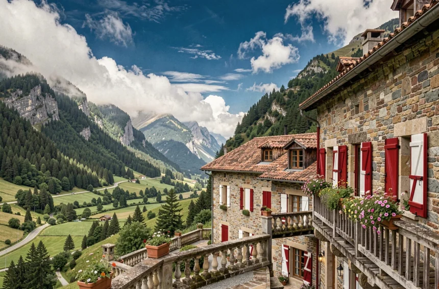 Vue panoramique d'un hôtel traditionnel basque niché dans les montagnes des Pyrénées-Atlantiques