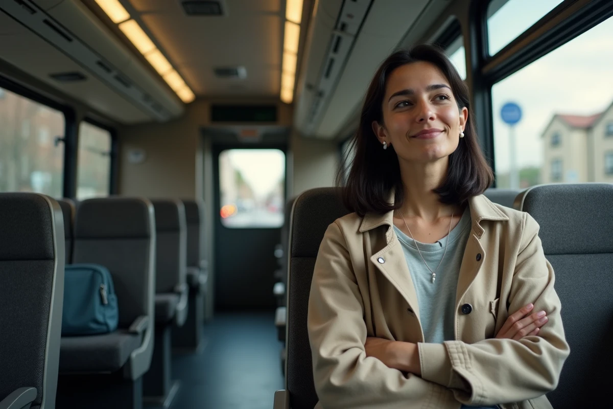 Passagère assise dans un bus BER français regardant par la fenêtre pendant le trajet