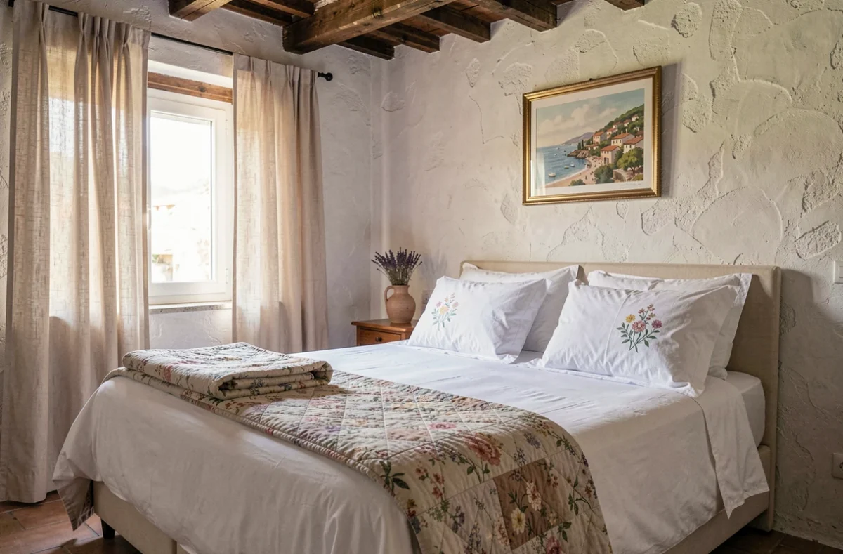 Chambre d'hôtes rustique et élégante aux poutres apparentes dans une maison d'hôtes des Alpes-Maritimes