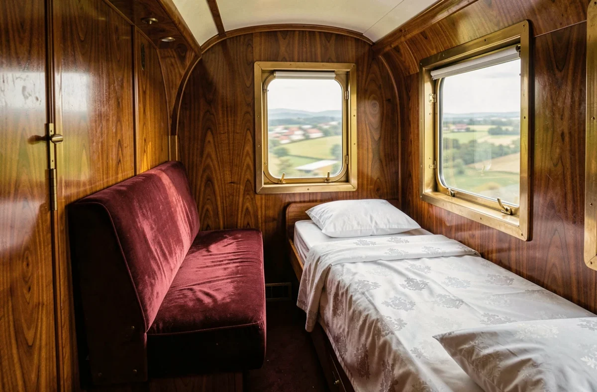 Intérieur d'un compartiment-couchette vintage de l'Orient Express avec boiseries en acajou, velours bordeaux et linge blanc brodé