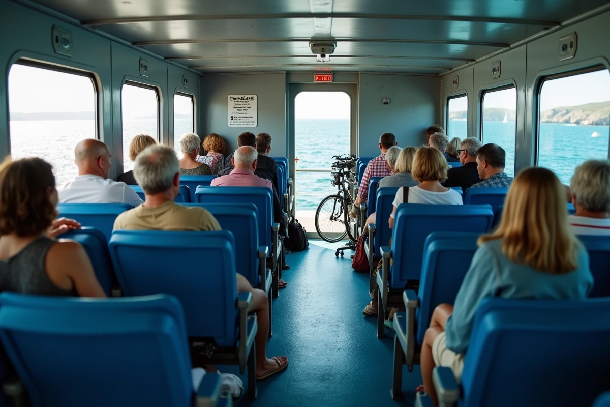 Intérieur du ferry pour l'île de Porquerolles avec des passagers assis dans la cabine pendant la traversée