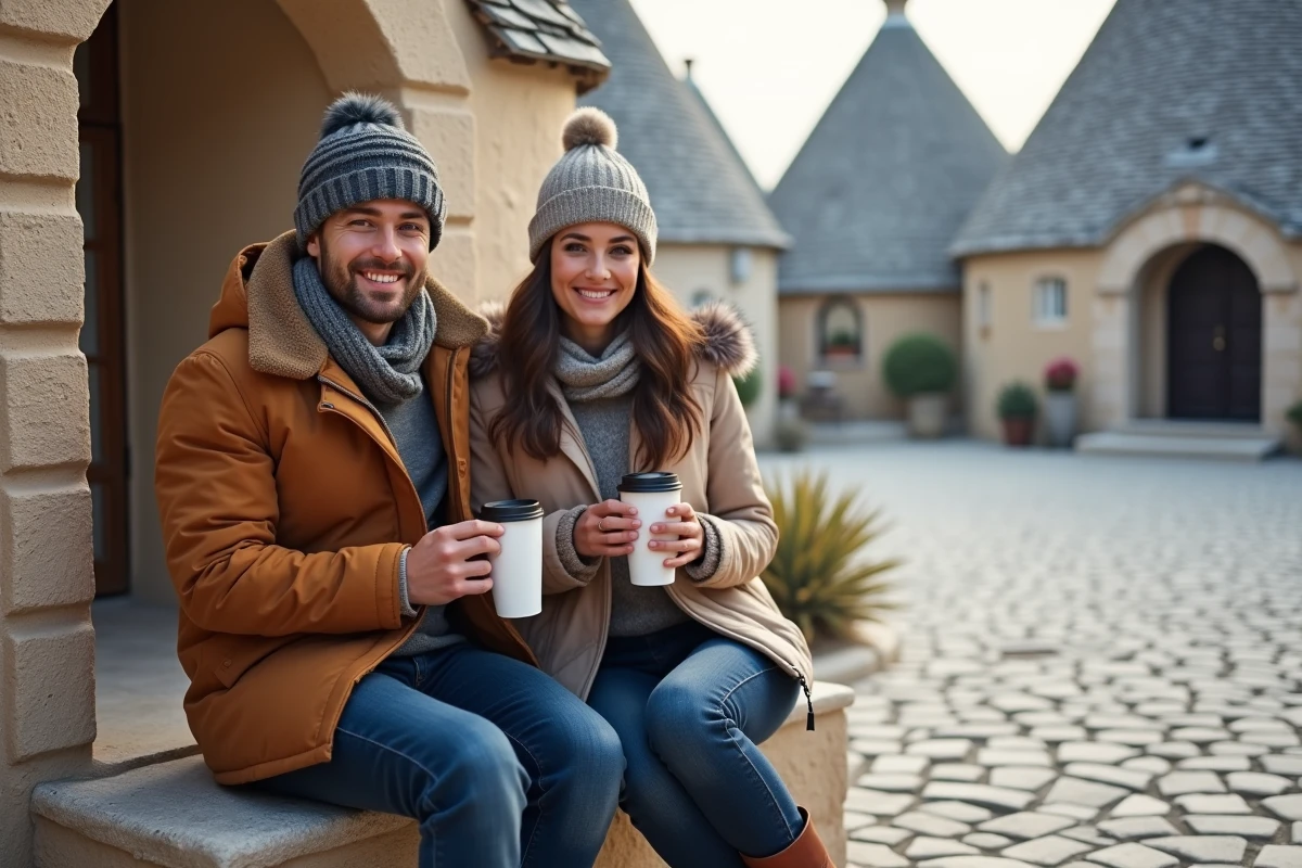 Jeune couple assis devant un trullo en hiver avec boissons chaudes