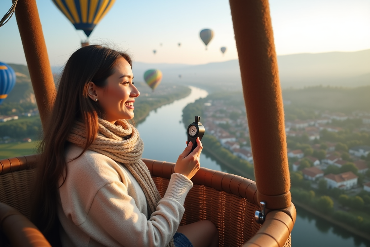Jeune femme dans un ballon vérifiant un anémomètre en vol