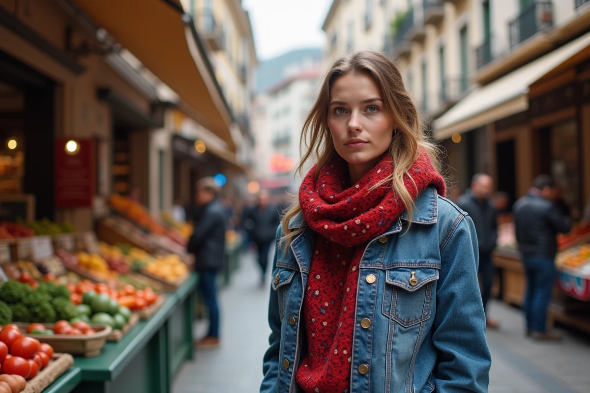 Jeune femme basque portant un txapela dans un marché animé