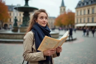 Jeune femme française consultant une carte papier sur une place pavée européenne lors de son premier voyage