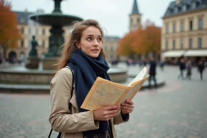 Jeune femme française consultant une carte papier sur une place pavée européenne lors de son premier voyage