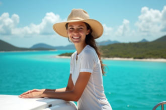 Jeune femme souriante sur un catamaran face à la grande barrière de corail