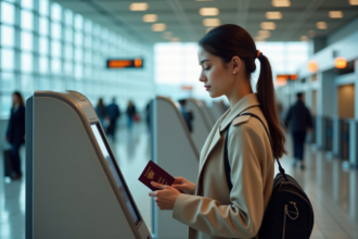 Jeune femme scannant son passeport au kiosque d'enregistrement