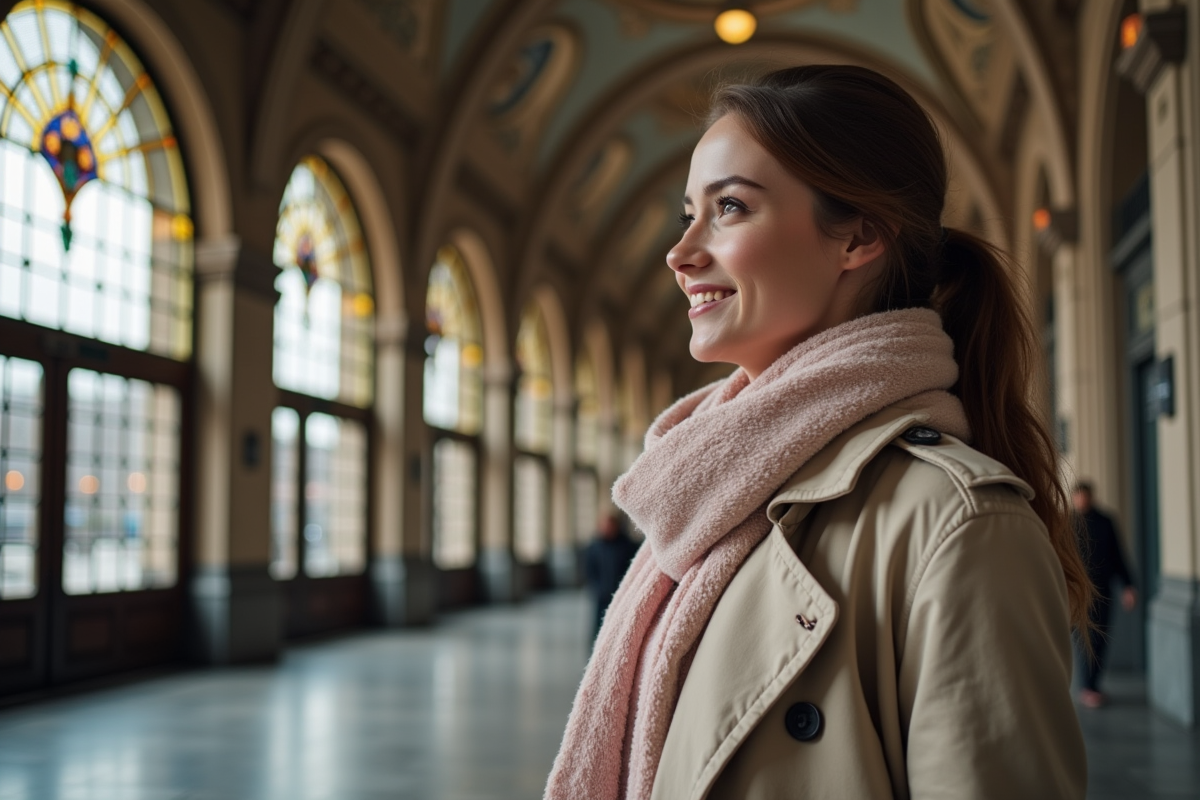 Jeune femme admirant vitraux dans une gare célèbre