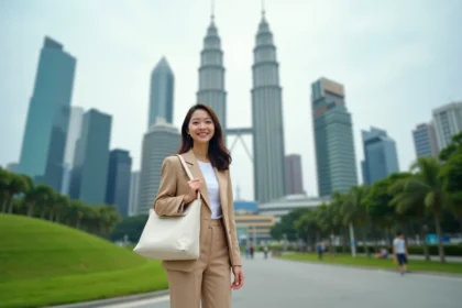 Jeune femme malaisienne souriante devant la skyline de Kuala Lumpur