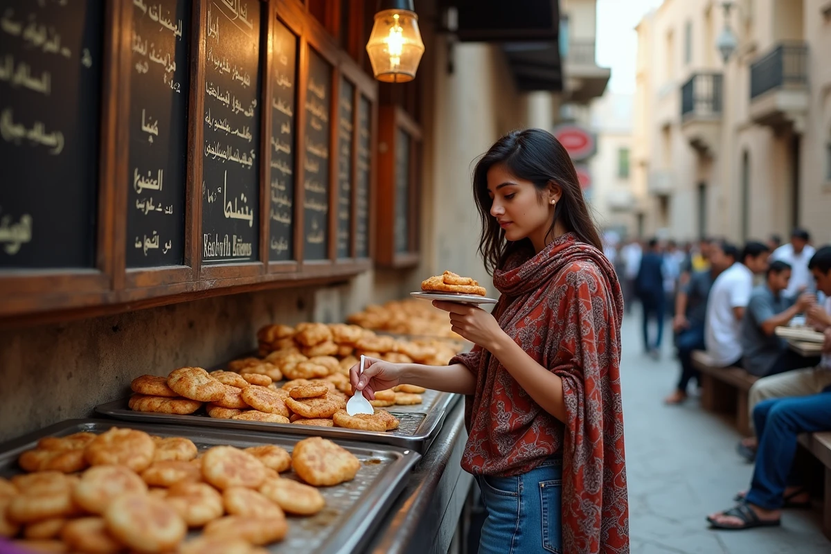 Jeune femme dégustant des luqaimat dans une rue de Deira