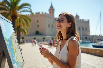 Jeune femme souriante à Malaga avec carte et smartphone