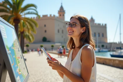 Jeune femme souriante à Malaga avec carte et smartphone