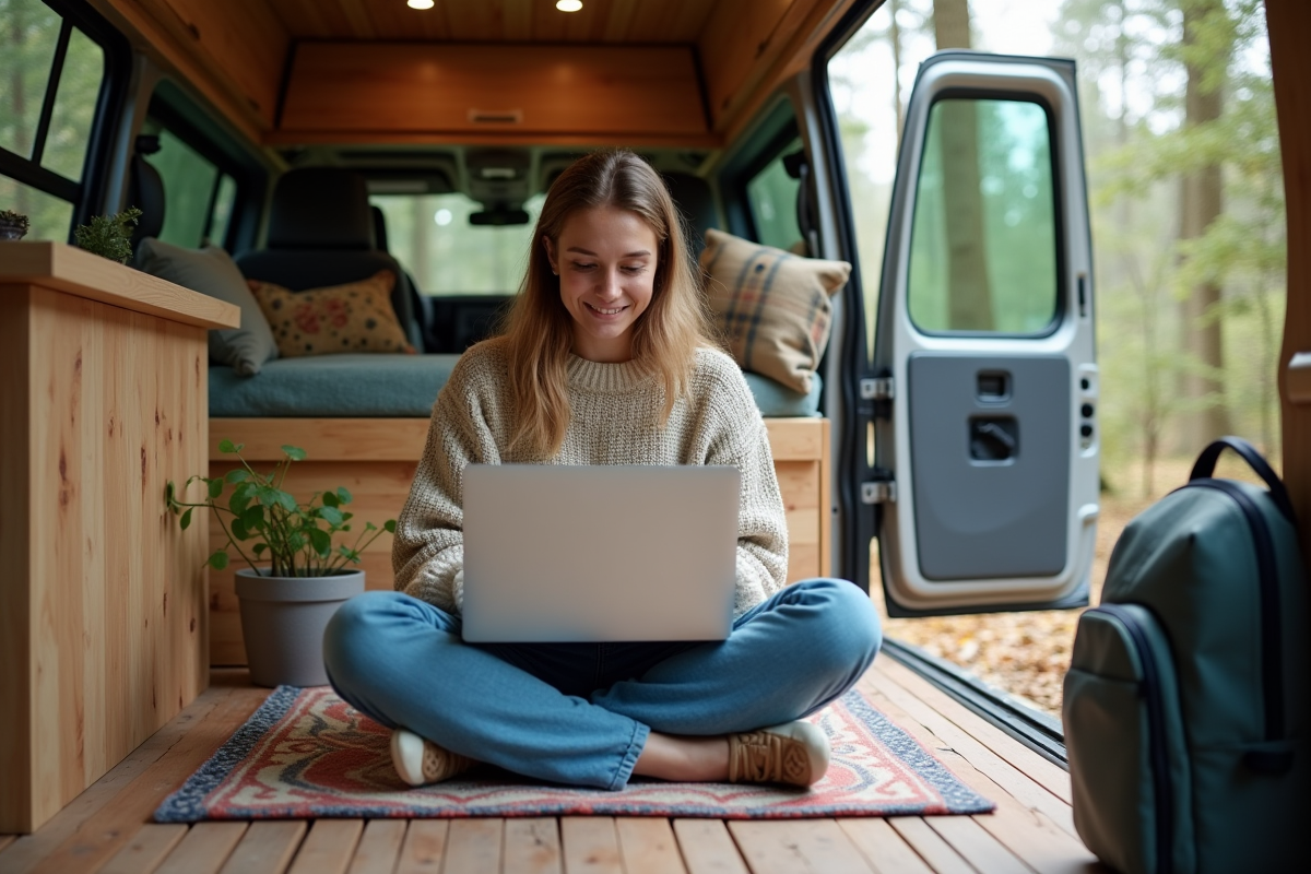 Jeune femme digital nomad dans l’intérieur d’un van moderne