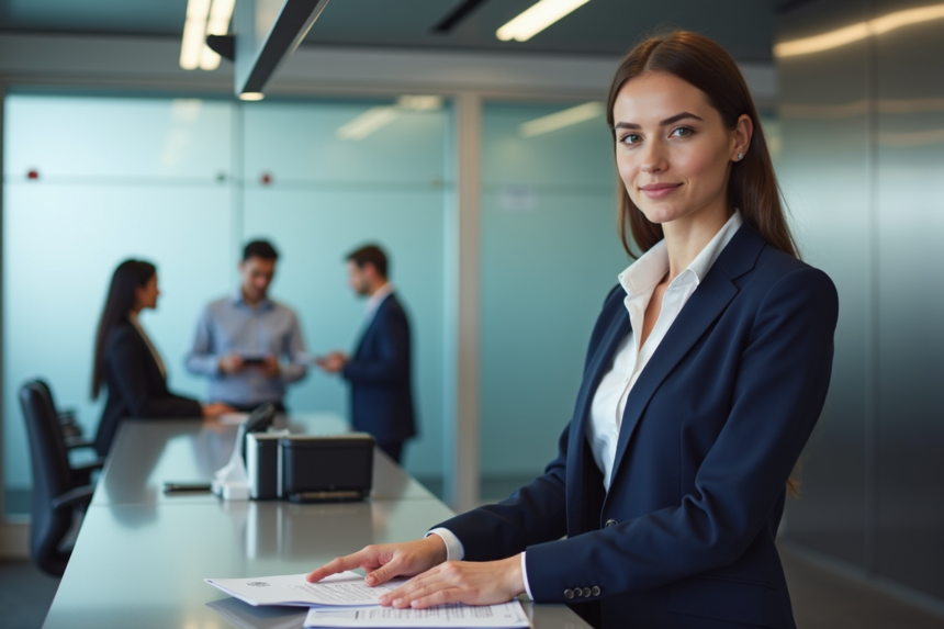 Jeune femme en blazer au bureau de passeport