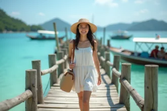 Jeune femme souriante sur un ponton en bord de mer