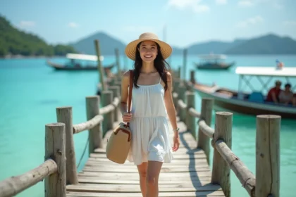 Jeune femme souriante sur un ponton en bord de mer