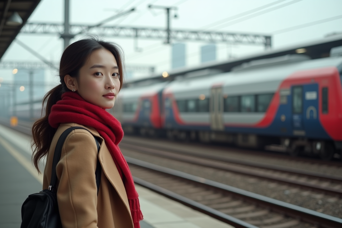Jeune femme en écharpe rouge sur une plateforme de train