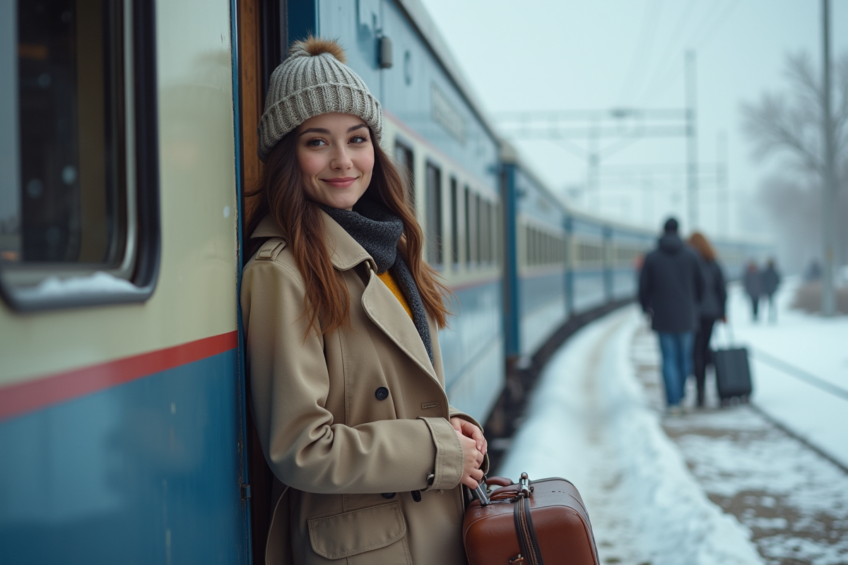 Jeune femme souriante avec un trench à la gare en Siberie