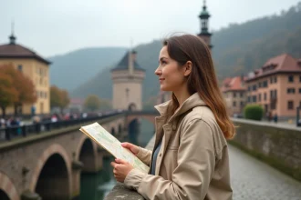 Jeune femme tenant une carte de Heidelberg sur le vieux pont avec vue sur le château et la vieille ville en arrière-plan