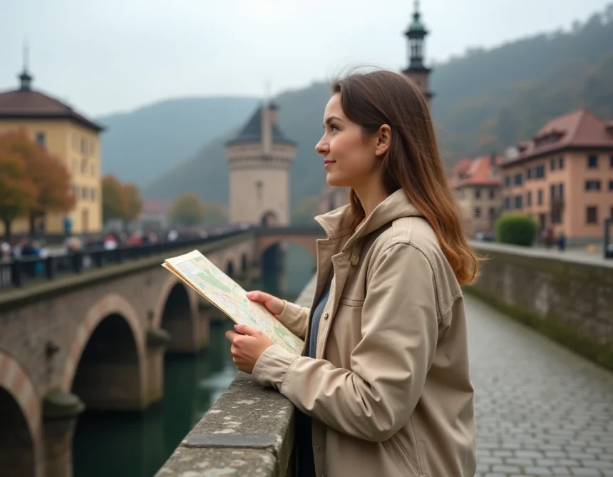 Jeune femme tenant une carte de Heidelberg sur le vieux pont avec vue sur le château et la vieille ville en arrière-plan