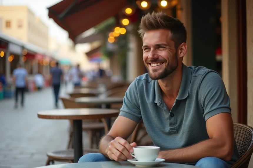 Jeune homme souriant au café deira Dubai en plein air