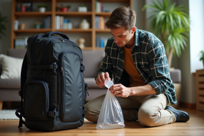 Jeune homme mesure un sac à dos noir en intérieur